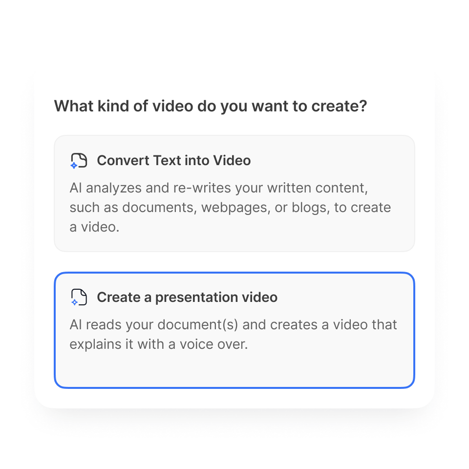 Choose your video format in Visla's PDF to video converter: quick text or narrated explainer.